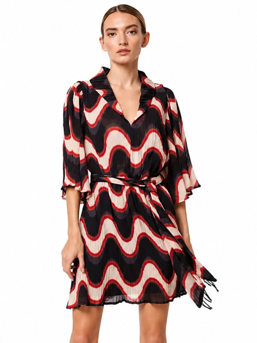 CIEBON Juni Wave Print Mini Dress Tie‎ Waist Black Red Cream Medium